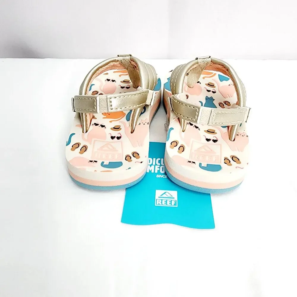 Reef Little Ahi Toddler Sandals Size 4 Gold Cat Print Slip On Summer Beach